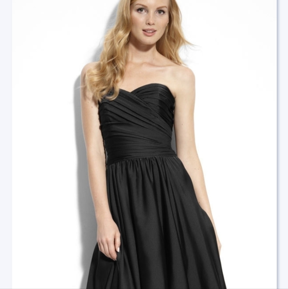 Ml Monique Lhuillier Black Pleated Top Chiffon Strapless Gown 4 Formal Gala Maxi
